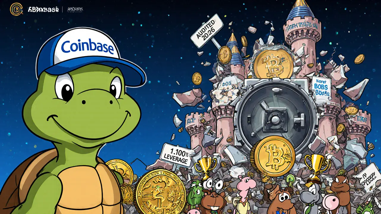 A calm turtle deposits funds safely into a secure vault while a flashy castle crumbles behind him.