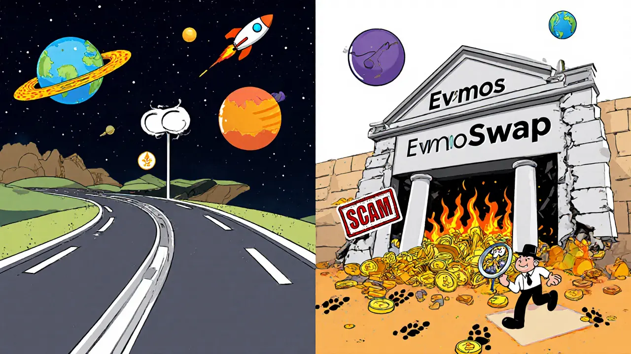 A cartoon Evmos blockchain highway contrasts with a collapsing fake exchange building labeled &#039;EvmoSwap&#039; under an FBI magnifying glass.