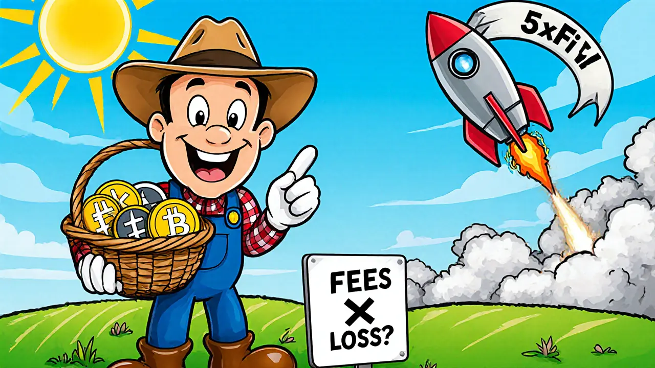 A cheerful farmer with stablecoins under a sunny sky, while a rocket labeled &#039;5x!&#039; blasts away with an X over it.