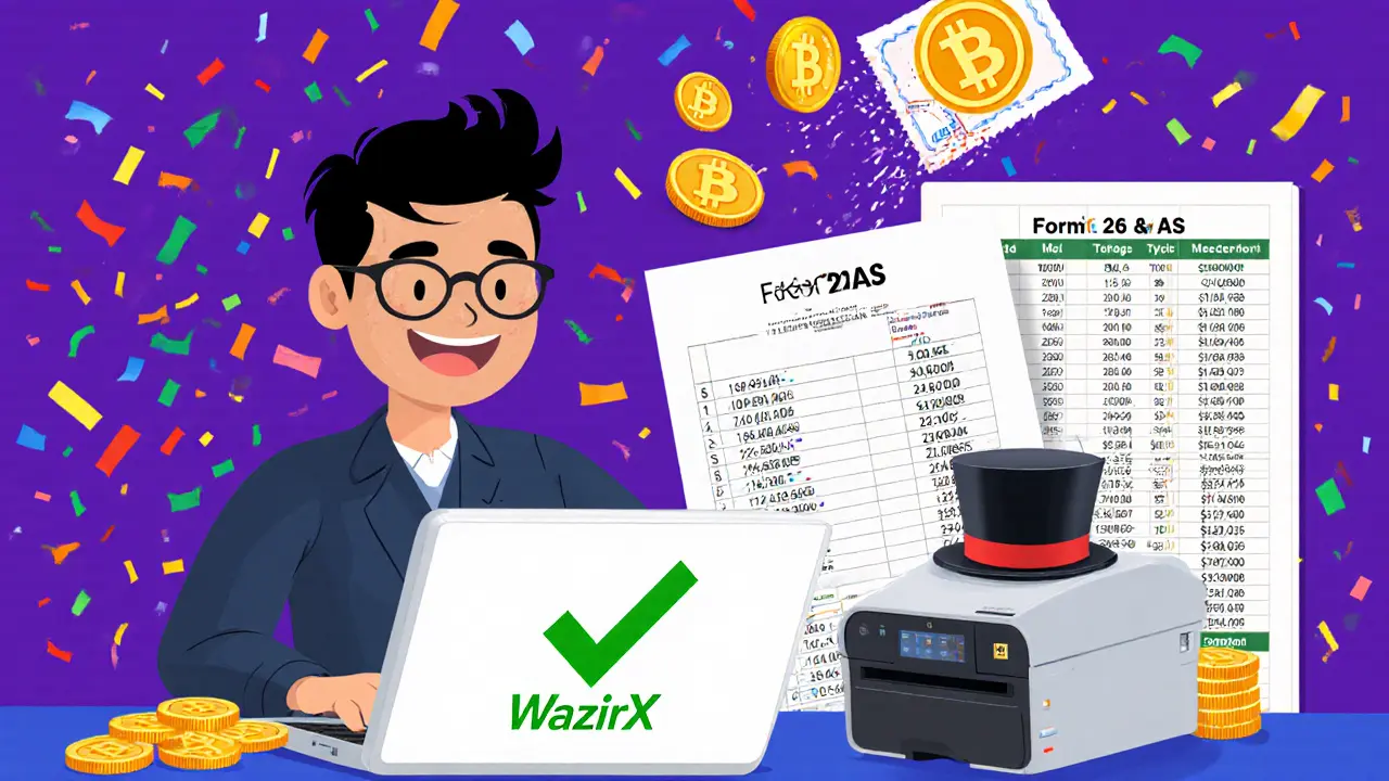 A cheerful trader using a registered exchange as an AI assistant prints a tax report with flying coins.