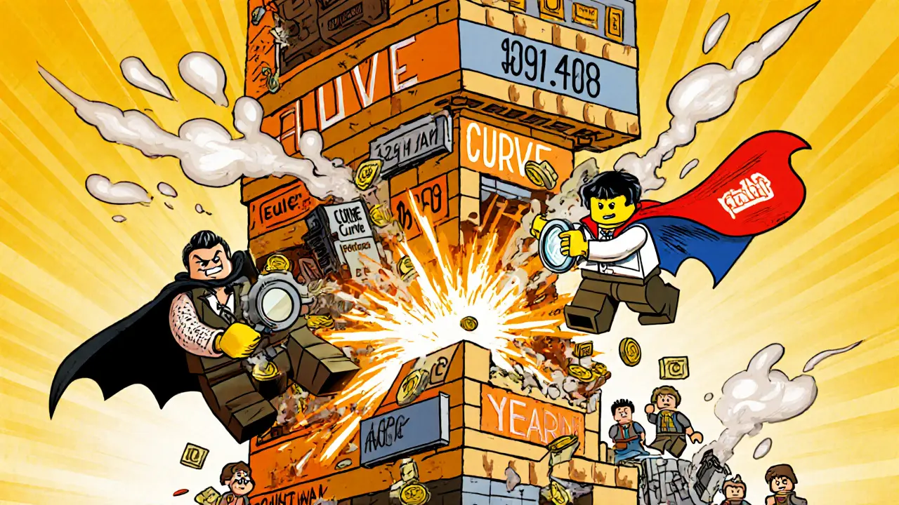 A comical DeFi tower collapsing as a villain pulls a lever, while a hero rushes to build safety nets with circuit breakers.