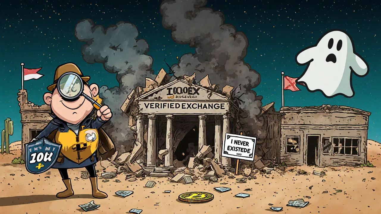 A crypto detective stands beside real exchanges as a fake one collapses into dust.