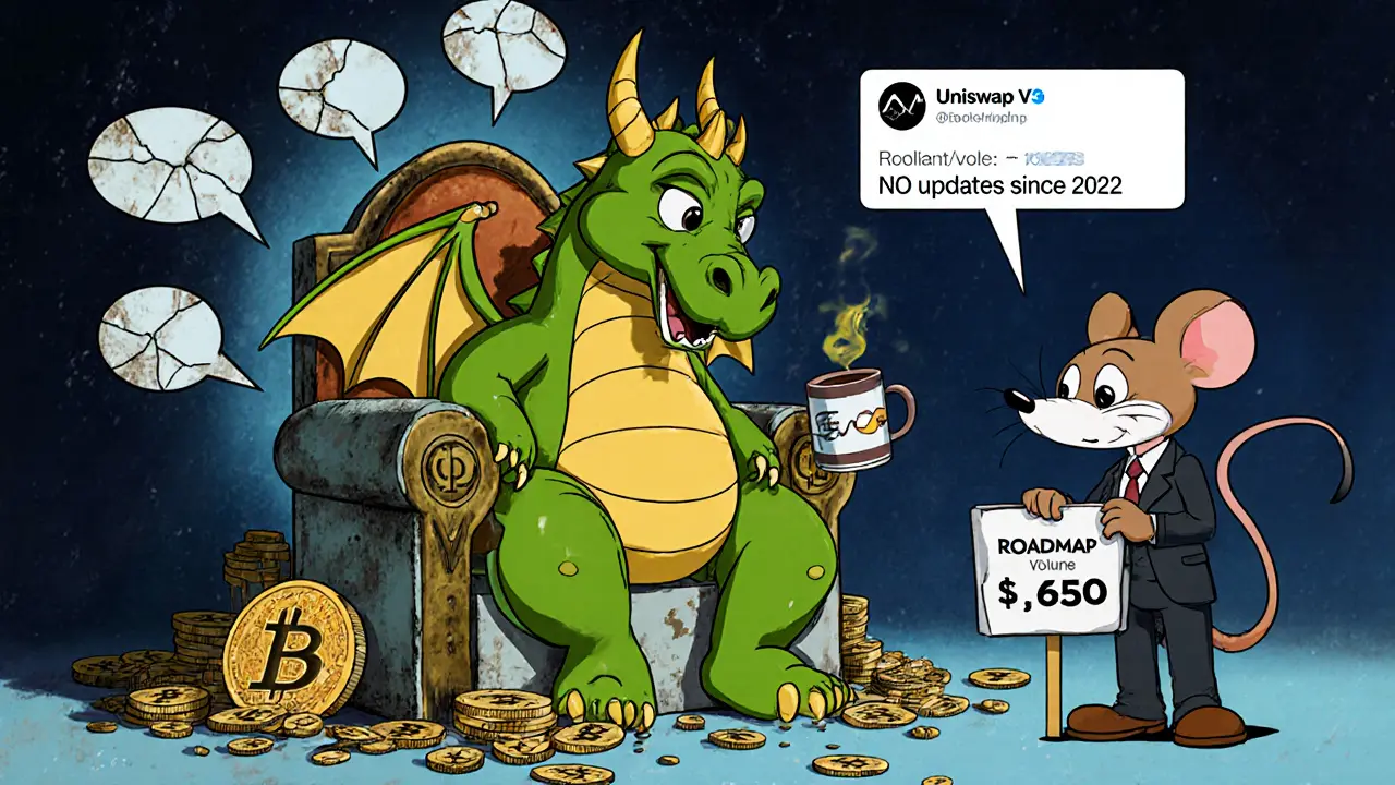 A deflated dragon on a coin throne surrounded by empty chat bubbles and a broken roadmap sign.