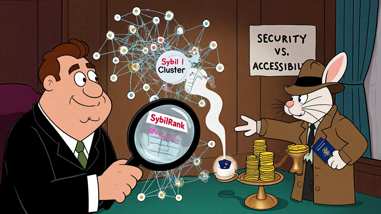 A detective rabbit analyzes a web of suspicious nodes in a cartoon courtroom with a giant magnifying glass.