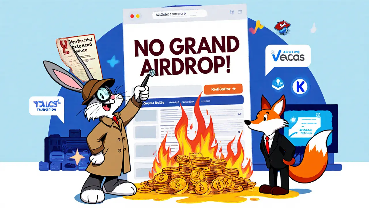 A detective rabbit exposes crypto scams with a &#039;NO GRAND AIRDROP&#039; sign and real staking options glowing nearby.