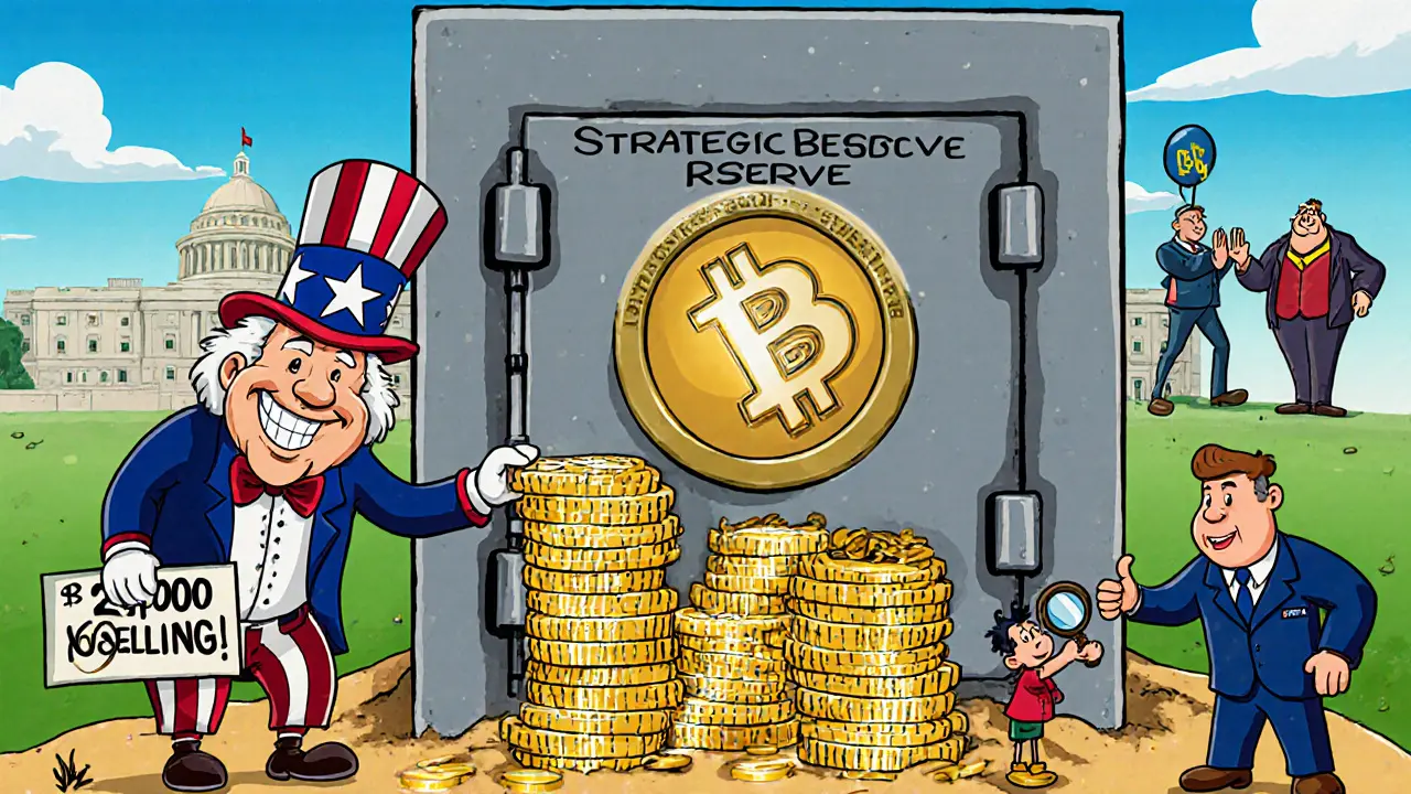 A giant Bitcoin safe under Fort Knox guarded by Uncle Sam, with federal agents celebrating seized crypto.