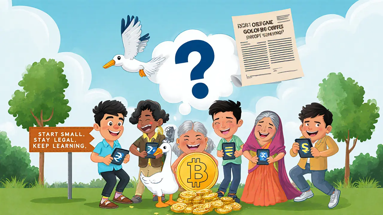 A group of diverse Indians celebrating crypto ownership with a digital rupee bird and regulatory question mark overhead.