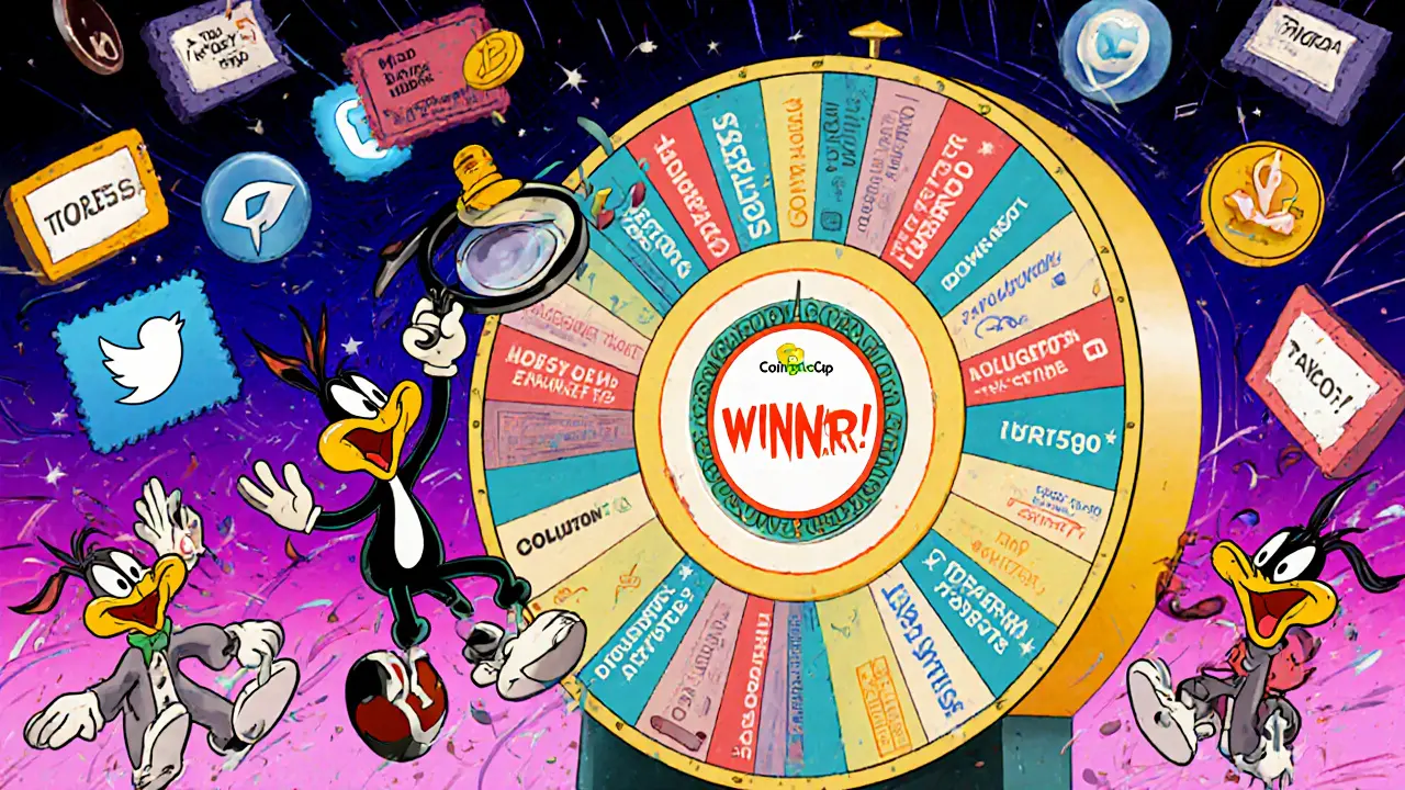 A lottery wheel with 1,590 slots spins, one showing &#039;Winner!&#039; amid social media icons.
