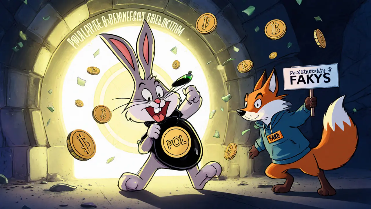 A rabbit earns real airdrops from Polygon&#039;s Agglayer program while a fox tries to sneak away with a fake POLYS sign.