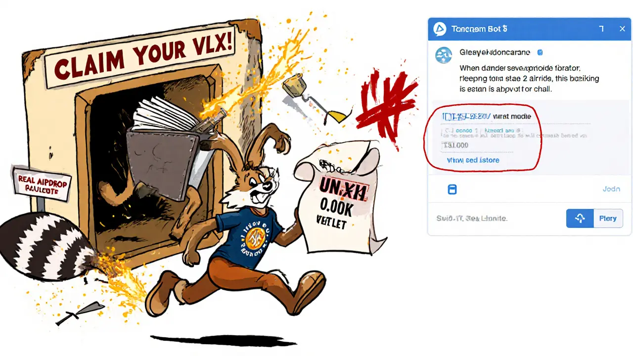 A running wallet escaping a scam trap as a raccoon pulls a lever labeled &#039;Send ETH to Unlock&#039;.