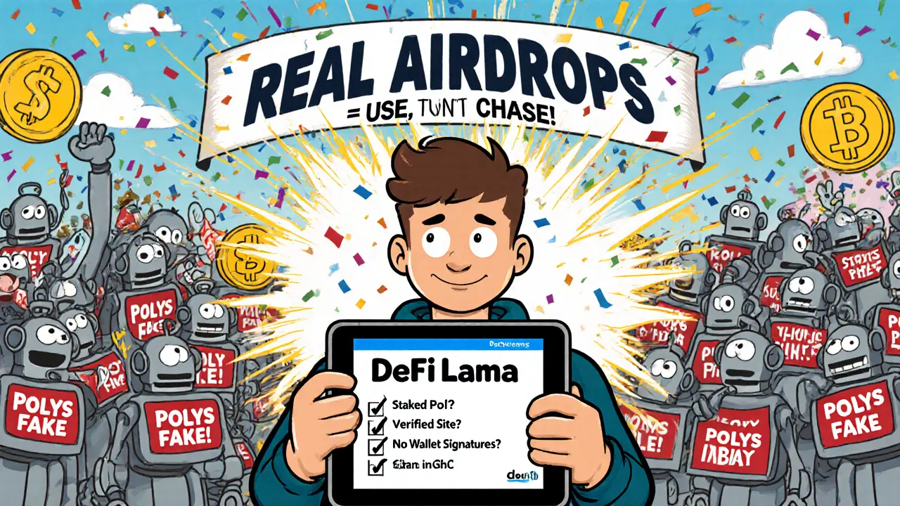 A smart user verifies airdrop details safely as scam bots explode into confetti behind them.