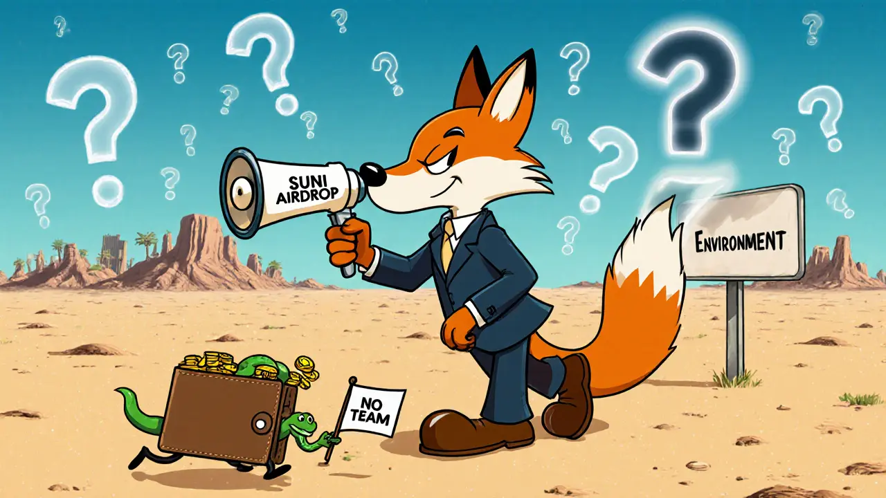 A sneaky fox offers a fake airdrop in a barren landscape while a wallet runs away from the empty promises.