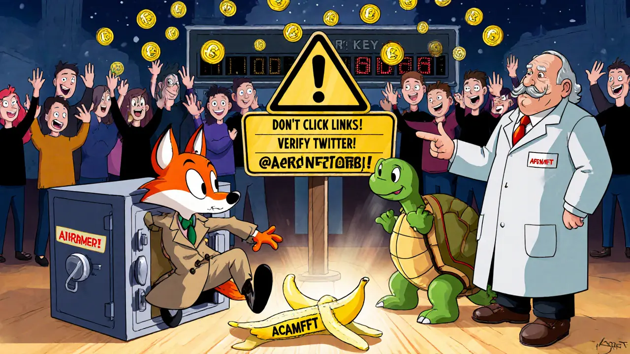 A sneaky fox trying to steal an NFT token, tripped by a &#039;Private Key&#039; banana peel, while users celebrate.