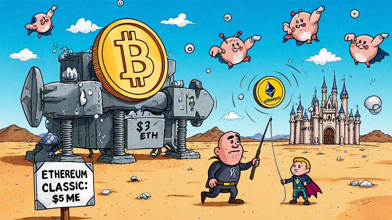 A tiny attacker struggling to lift a giant ETH coin while Bitcoin mining rigs loom in the background.