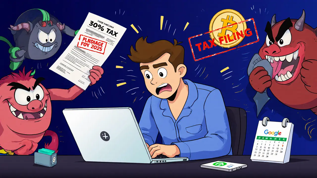 A trader chased by tax demons while a hardware wallet glows as a shield on his desk.