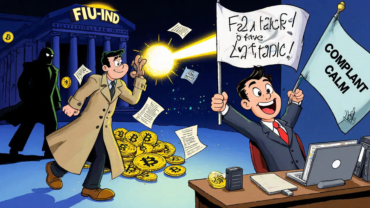 A trader trying to hide crypto gets caught by a glowing FIU-IND radar, while a compliant trader smiles nearby.