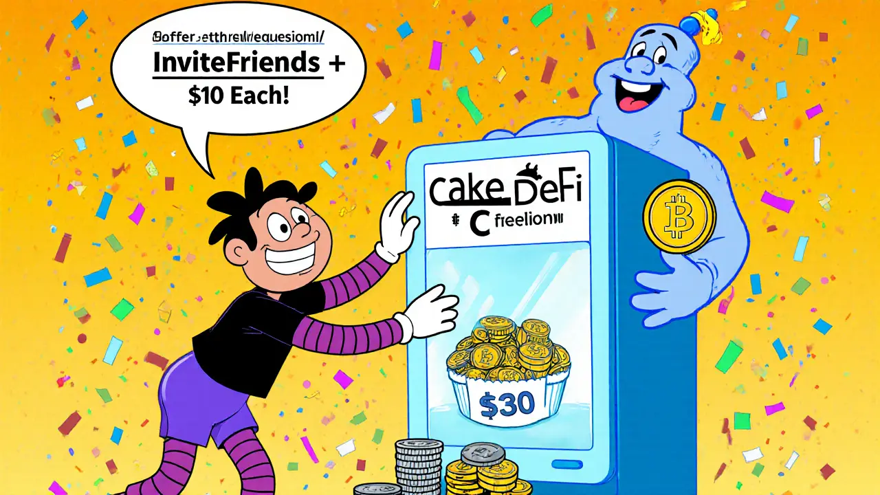 A user deposits crypto into a Cake DeFi freezer and receives  in DFI tokens with confetti.
