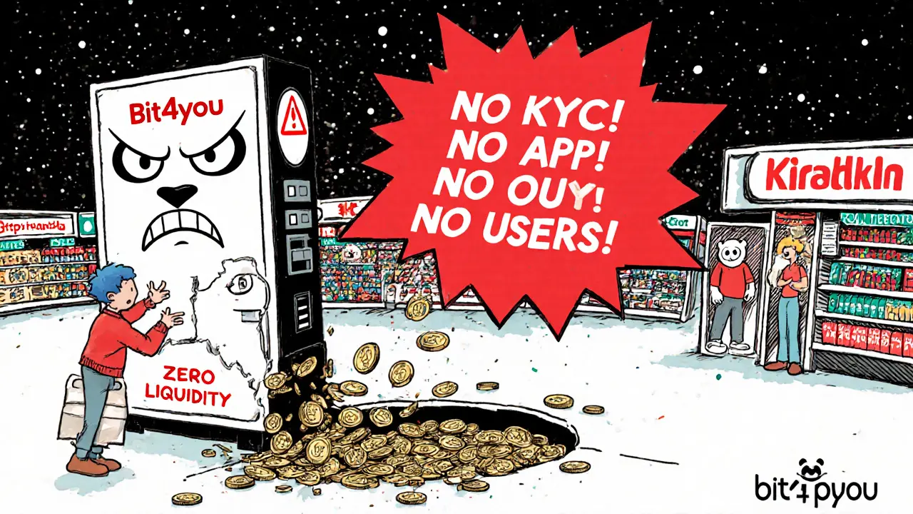 A user trying to deposit money into a broken vending machine labeled &#039;Bit4you&#039; as coins vanish into a pit, while bigger exchanges thrive nearby.