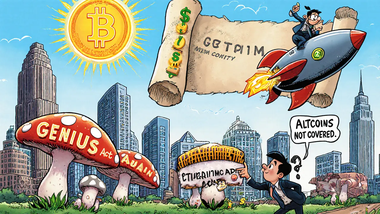 A vibrant U.S. city skyline with crypto rockets flying to startups, GENIUS Act scroll in the sky.