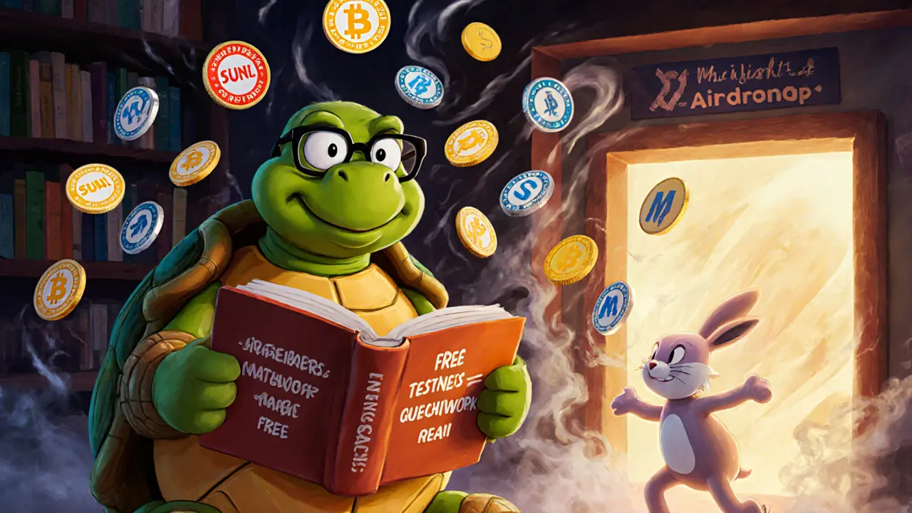A wise tortoise reads crypto guides as chaotic free tokens dissolve around a reckless rabbit chasing illusions.