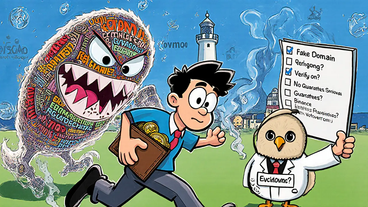 An investor flees a monster made of phishing links while a wise owl holds up a crypto safety checklist.