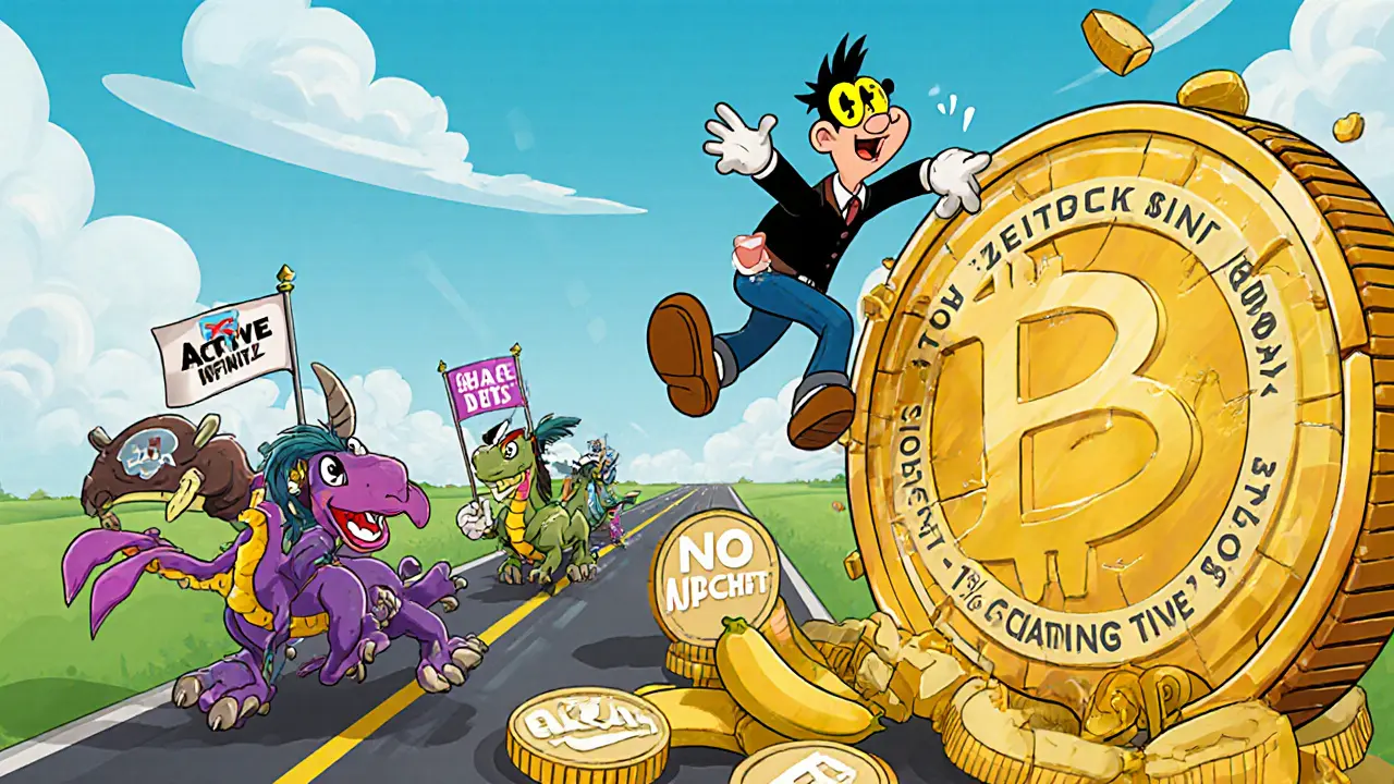 An investor slipping on warning peels while climbing a giant DMT token, with successful games racing ahead.