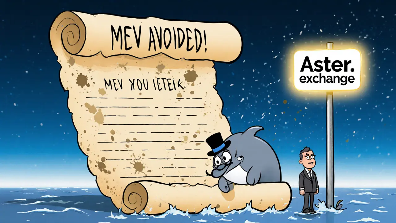 Cartoon whale caught off guard by a hidden order, with a giant scroll showing &#039;MEV AVOIDED!&#039; and Aster.exchange logo.