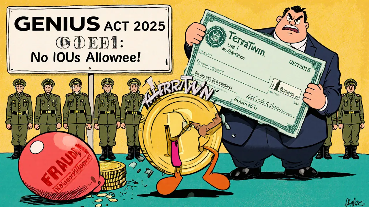 Collapsing stablecoin next to a stern agent holding a 1:1 backed check under GENIUS Act rules.