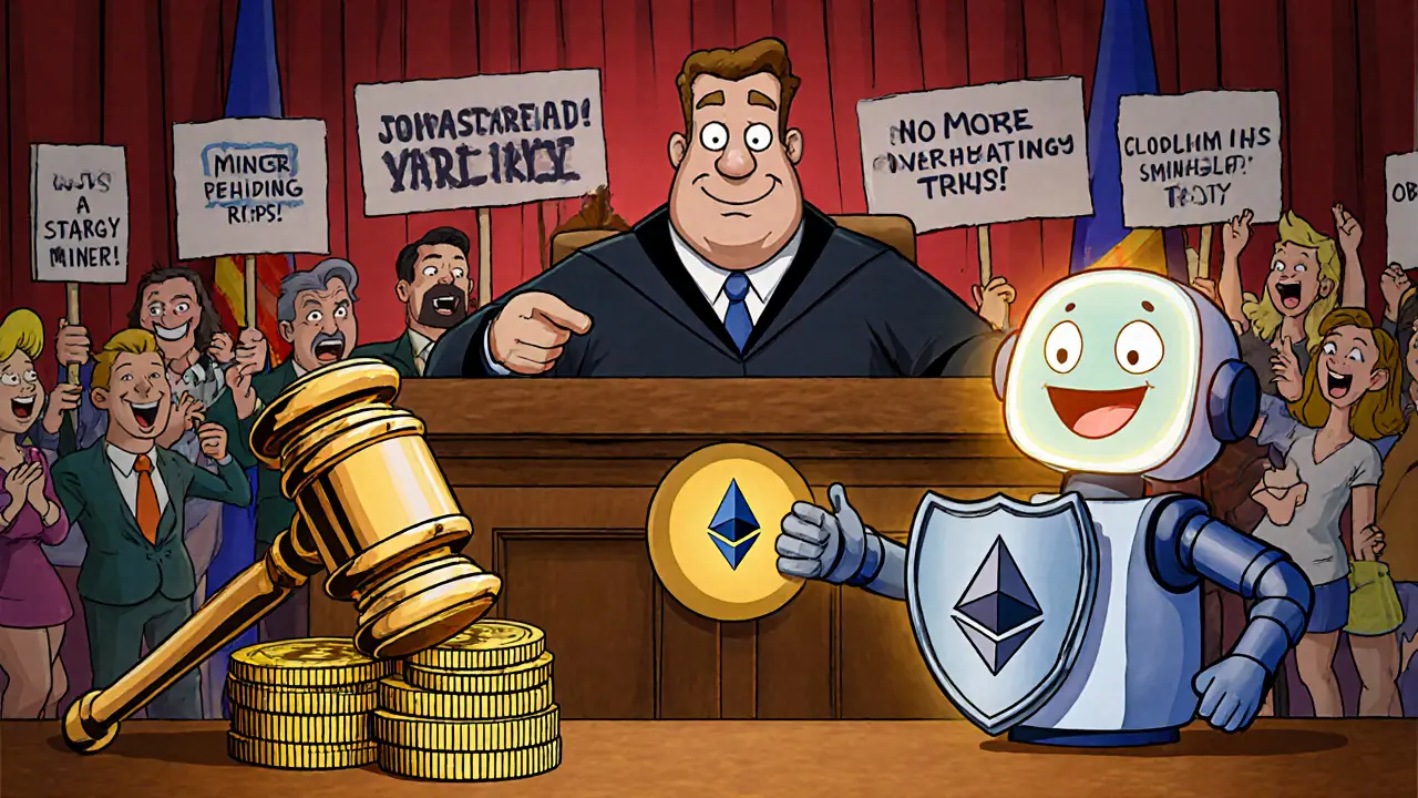 Courtroom scene with a gavel shaped like a miner sentencing cloud mining scams, while a staking robot stands proudly.