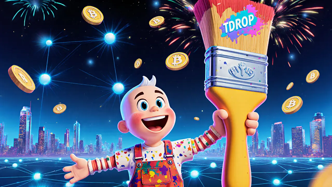 Creator releasing a video NFT as TDROP tokens explode like fireworks