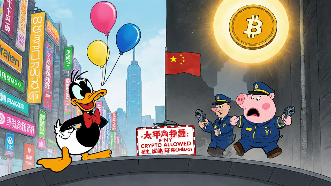 Daffy Duck on a bridge between Hong Kong&#039;s crypto signs and mainland China&#039;s e-CNY police