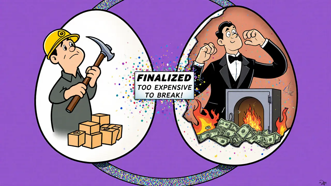 Egg timer splitting into two epochs as a validator snaps fingers, shattering the timer into glitter with a &#039;FINALIZED&#039; vault.