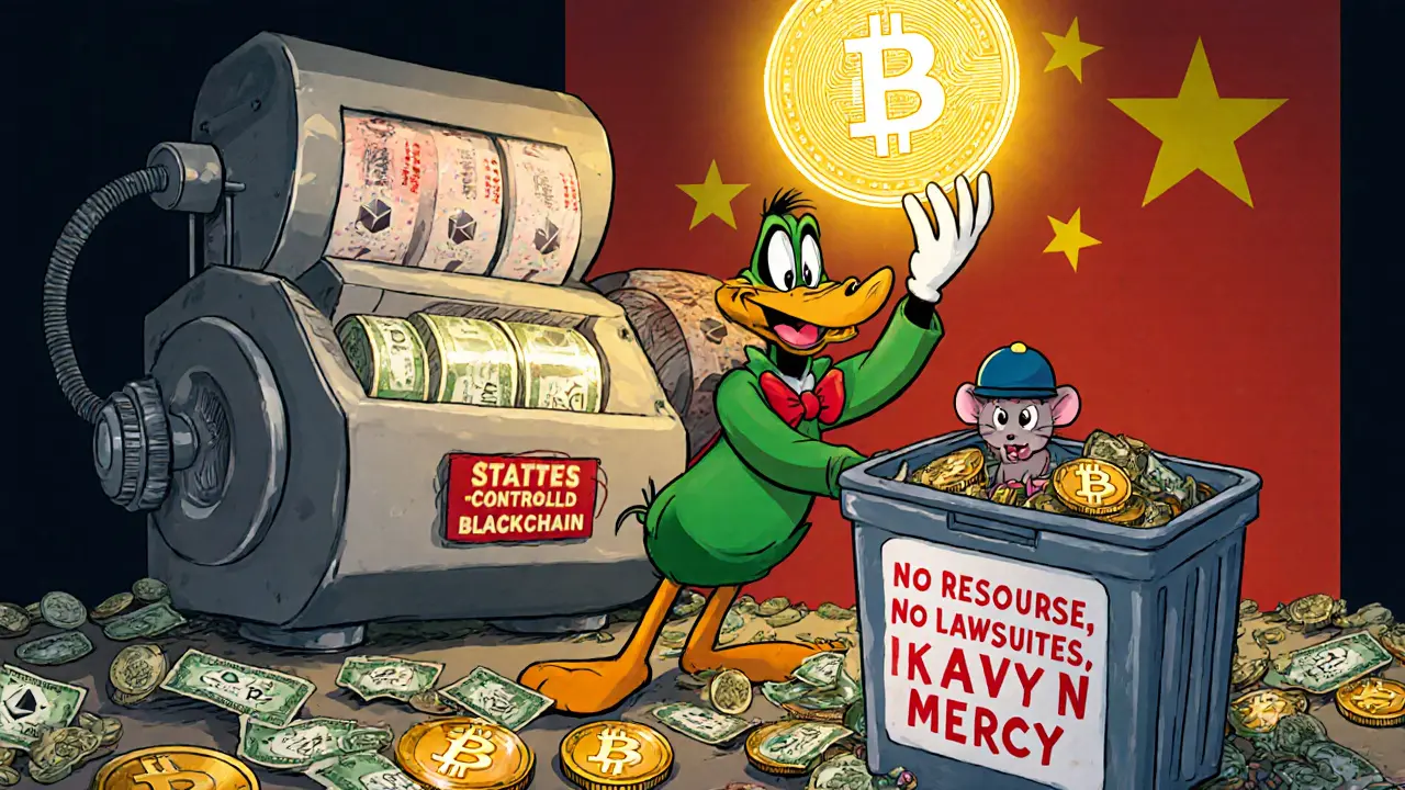 Elmer Fudd celebrates digital yuan while crypto coins get vacuumed into a trash compactor