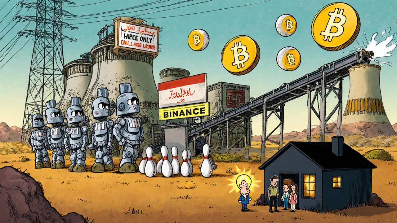 Giant robotic ASIC miners at an IRGC-run farm, feeding Bitcoin to an exchange as families live in the dark.