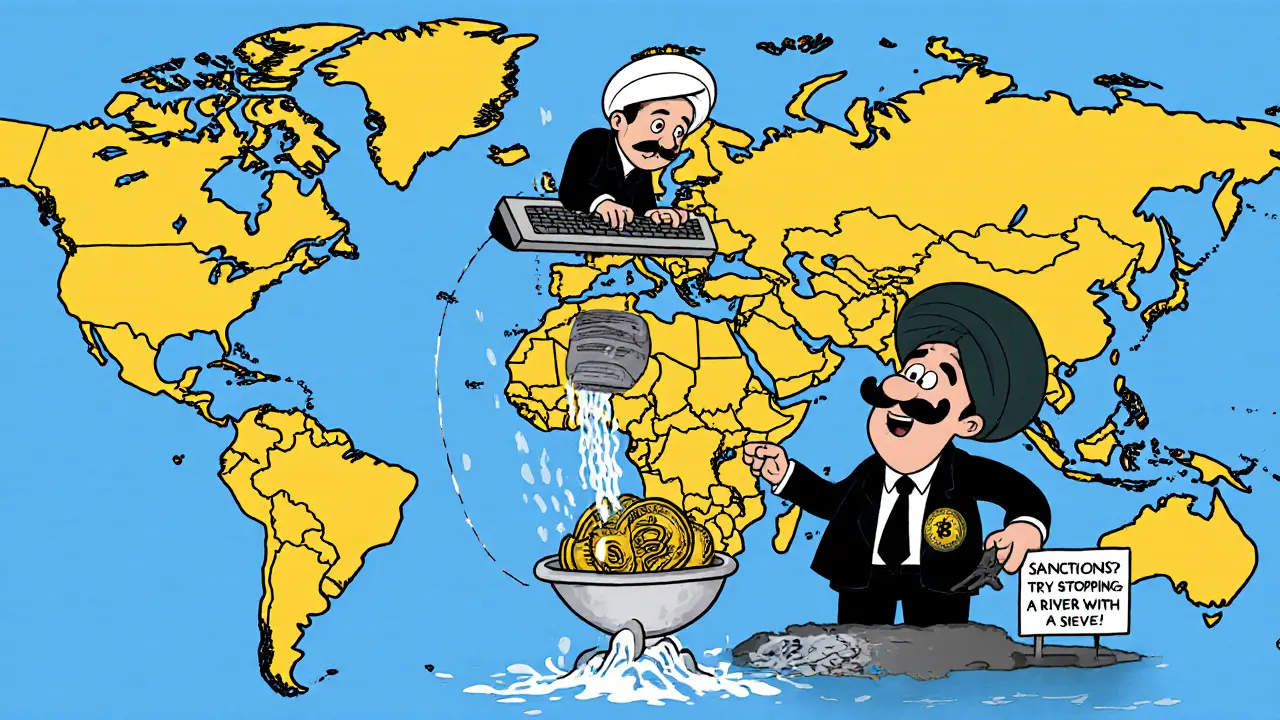 Global Bitcoin network validated by Iranian miners, while a U.S. agent futilely tries to block the flow with a sieve.