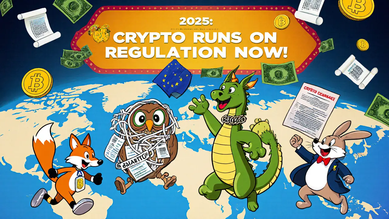 Global map with cartoon figures fleeing or thriving under different crypto regulations in 2025.