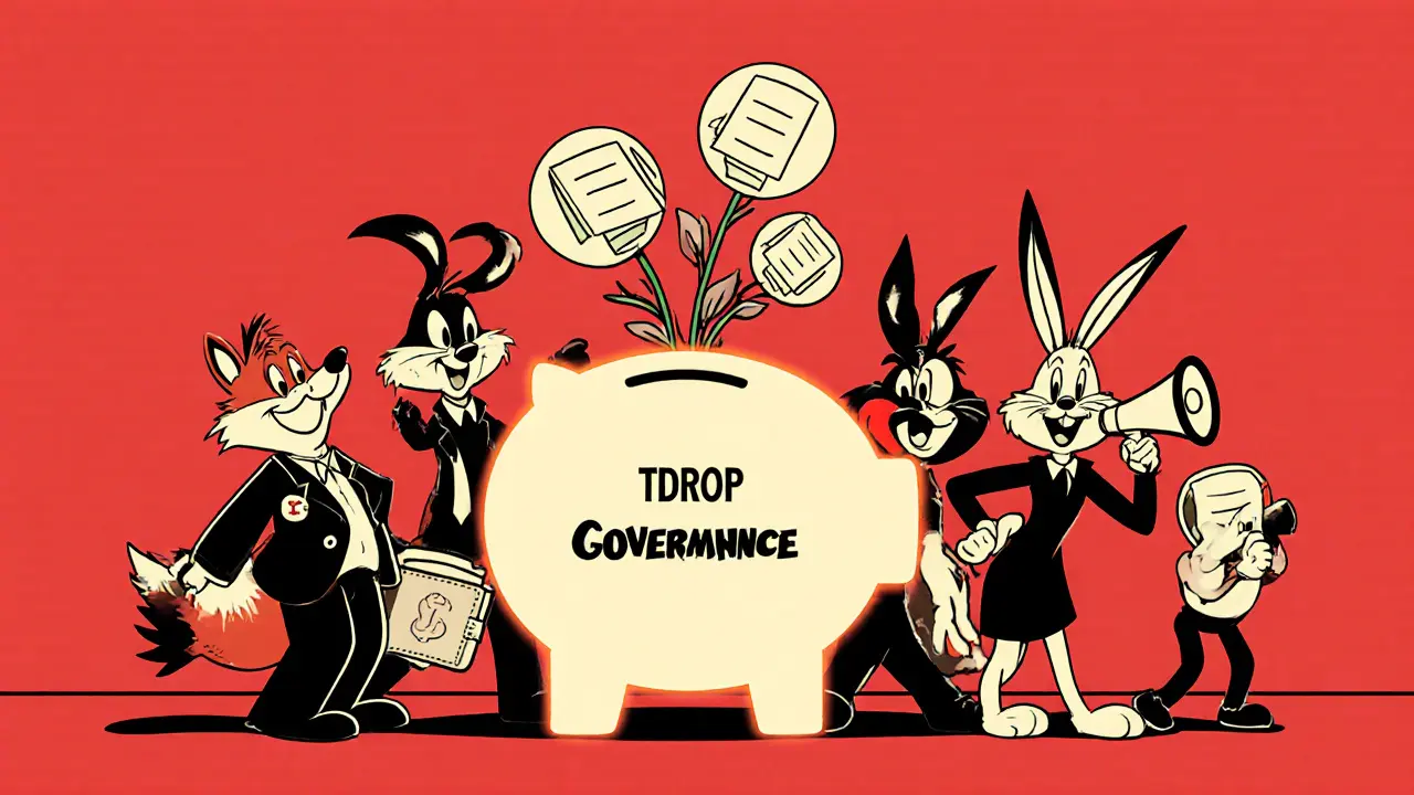 Quirky characters voting with TDROP tokens locked in a giant piggy bank