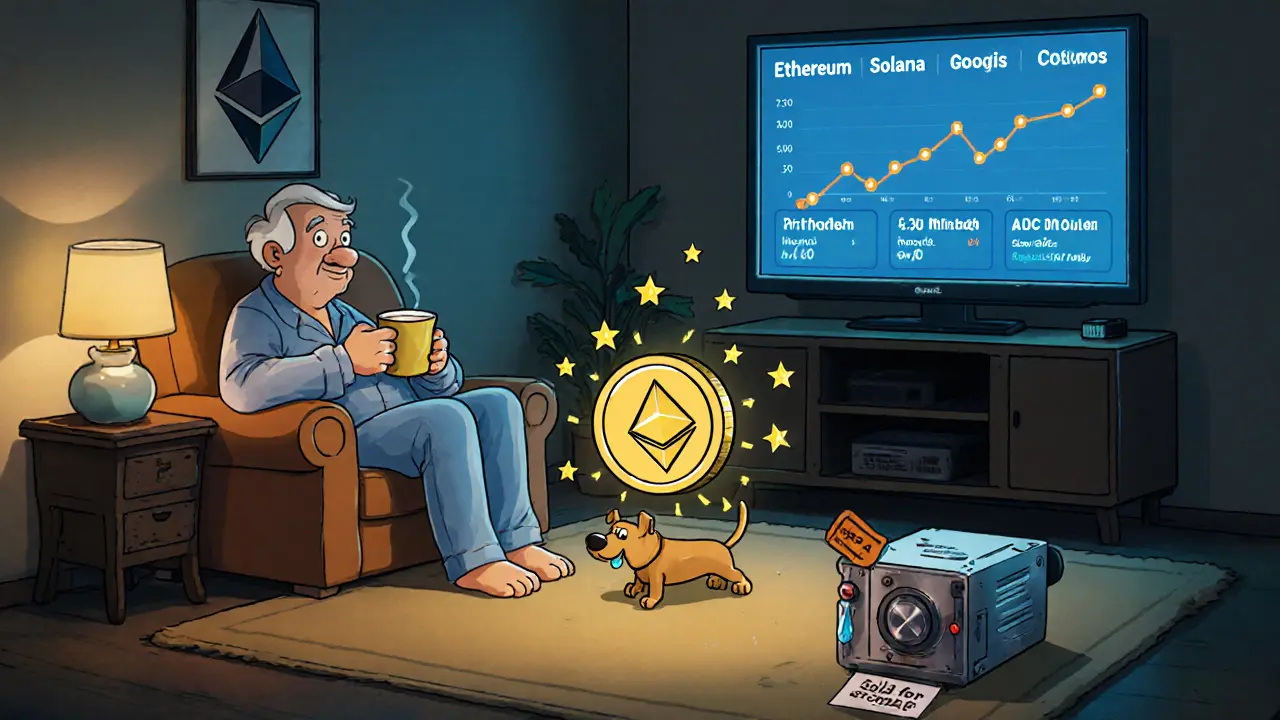 Relaxed person enjoying coffee as an Ethereum coin bounces on their lap, emitting reward stars, while a broken miner lies nearby.