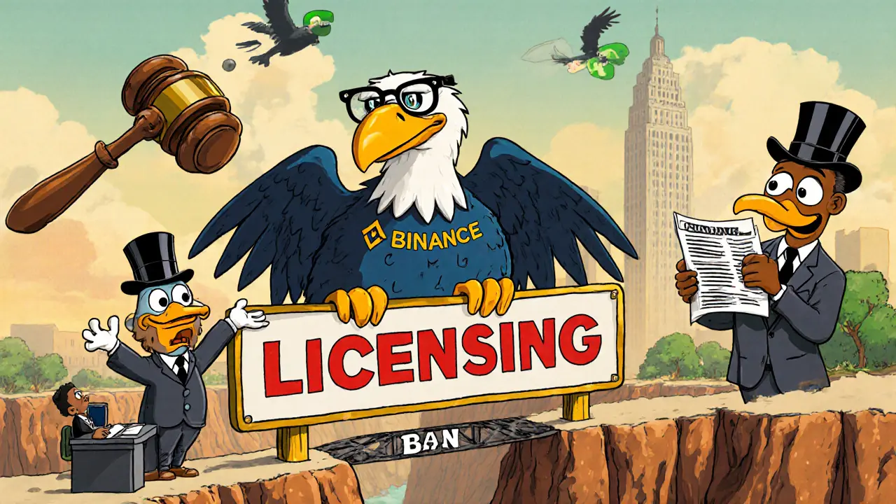 SEC eagle accepts paperwork from crypto company mascots while P2P traders cross a ban chasm with phones.