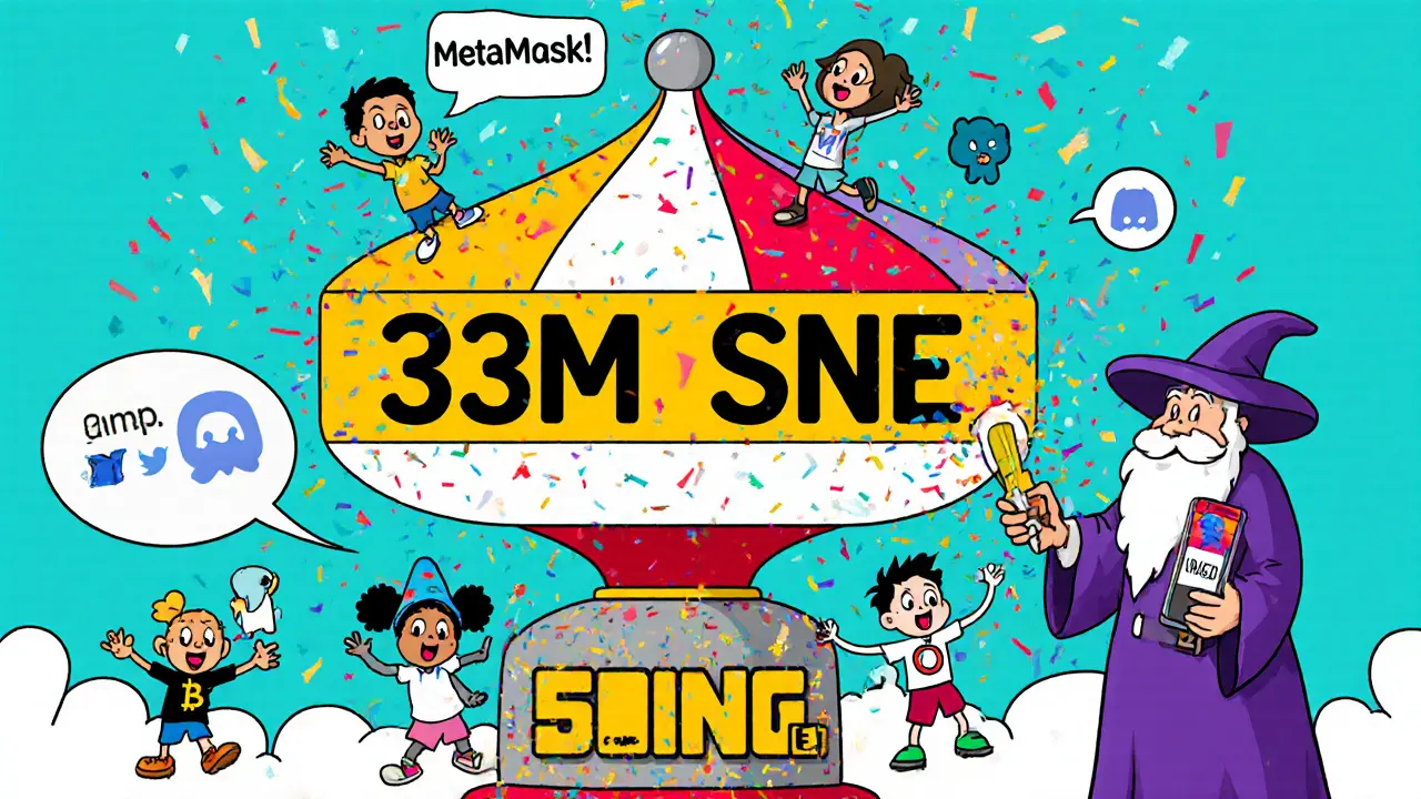 Spinning lottery top labeled &#039;33M SNE&#039; with excited participants and a VRF wizard pulling a lever.