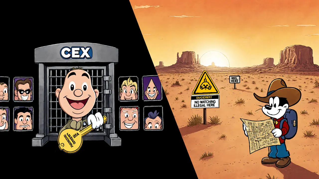 Split cartoon scene: safe CEX vault vs. lone traveler in desert with crypto seed phrase and warning signs.