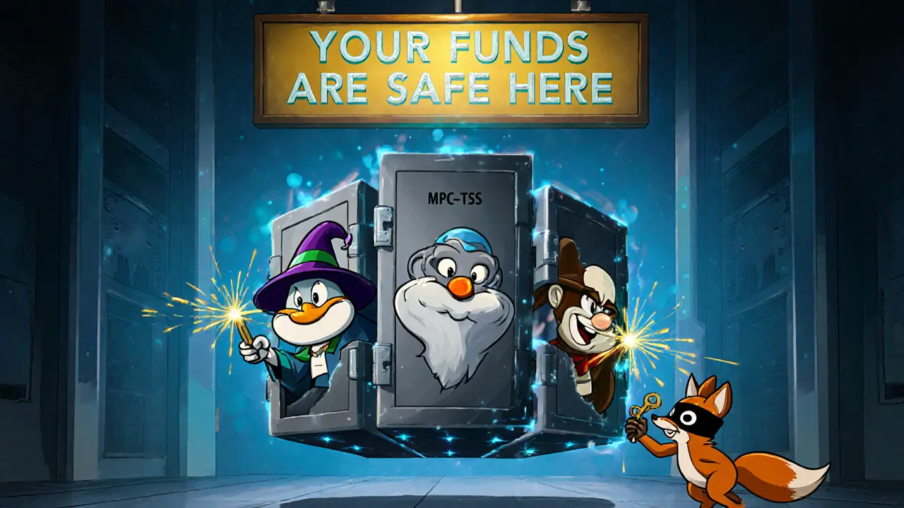 Three cartoon guardians protect a split-security vault from a hacker with quantum sparks.