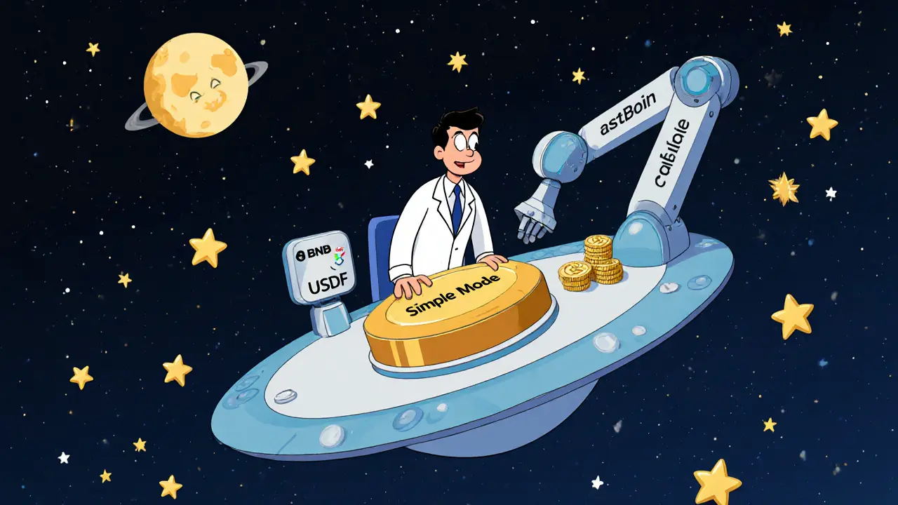 Trader using one-click button to launch perpetual contract, with yield-bearing assets glowing as stars and Aster Chain settling trades.