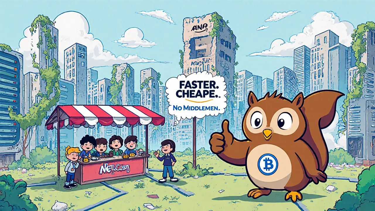 Whimsical city of connected computers where citizens use SNE tokens, while a crumbling AWS building fades in the background.