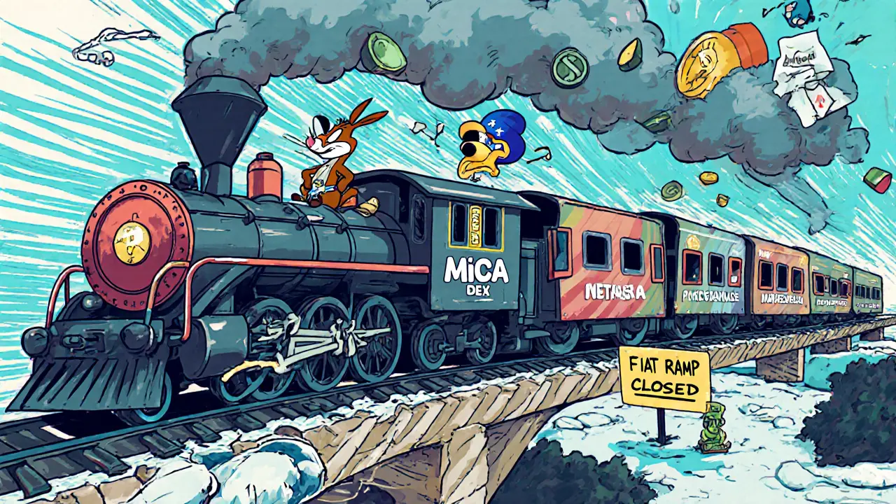 Wild cartoon train labeled DEX racing through restricted countries while fiat currency is left behind.