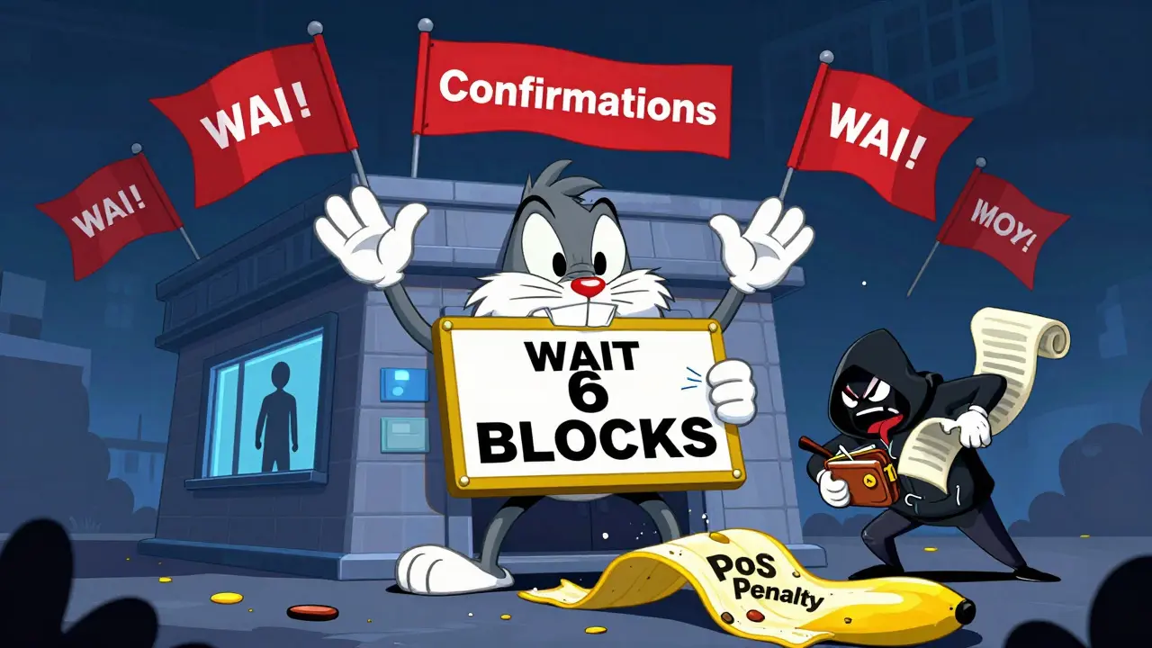 A cartoon exchange building waves six confirmation flags while a hacker slips on a 'PoS Penalty' banana peel.