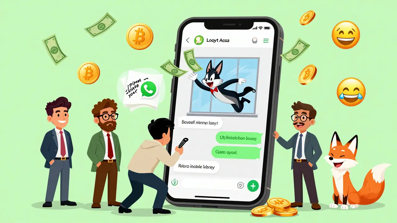 A chaotic WhatsApp chat shows Ecuadorians trading USDT via mobile apps, with cash flying and a napkin private key.