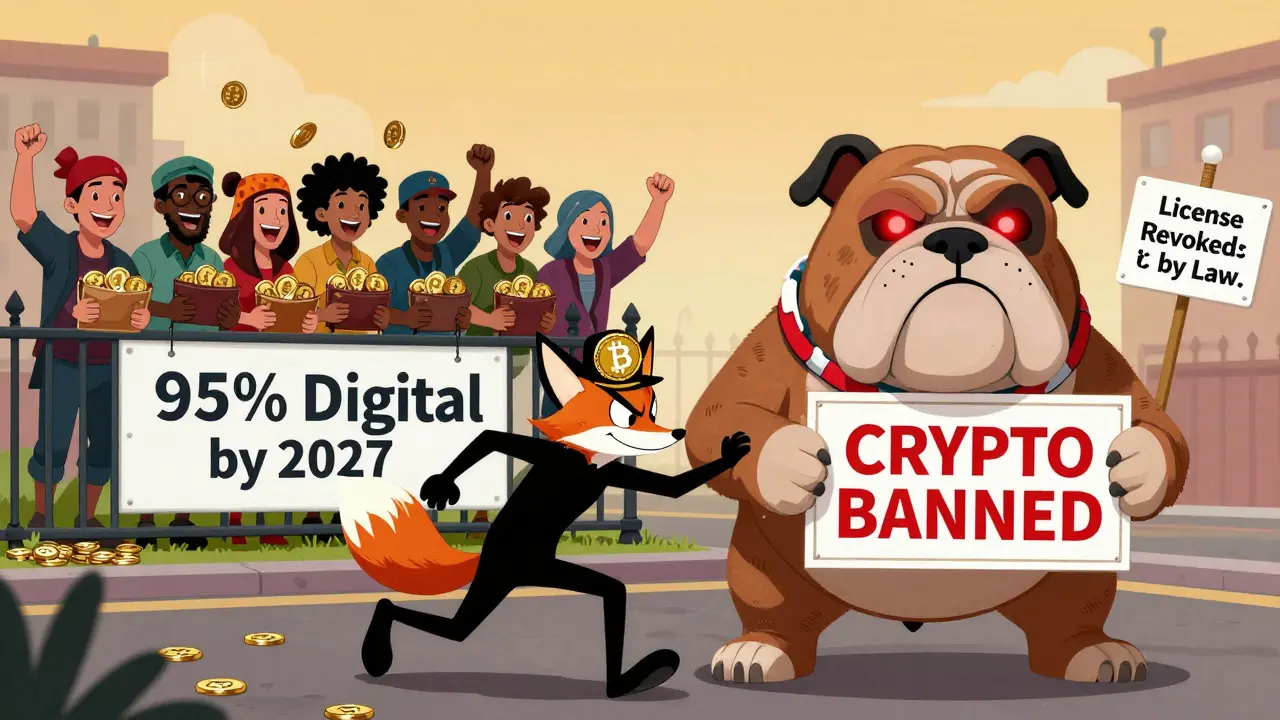 A crypto fox sneaks past a giant bulldog labeled 'Bangladesh Bank' with a 'CRYPTO BANNED' sign in Looney Tunes style.