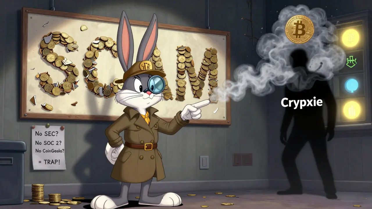 A detective rabbit exposes a scammer vanishing into smoke, with real exchanges shining safely in the background.