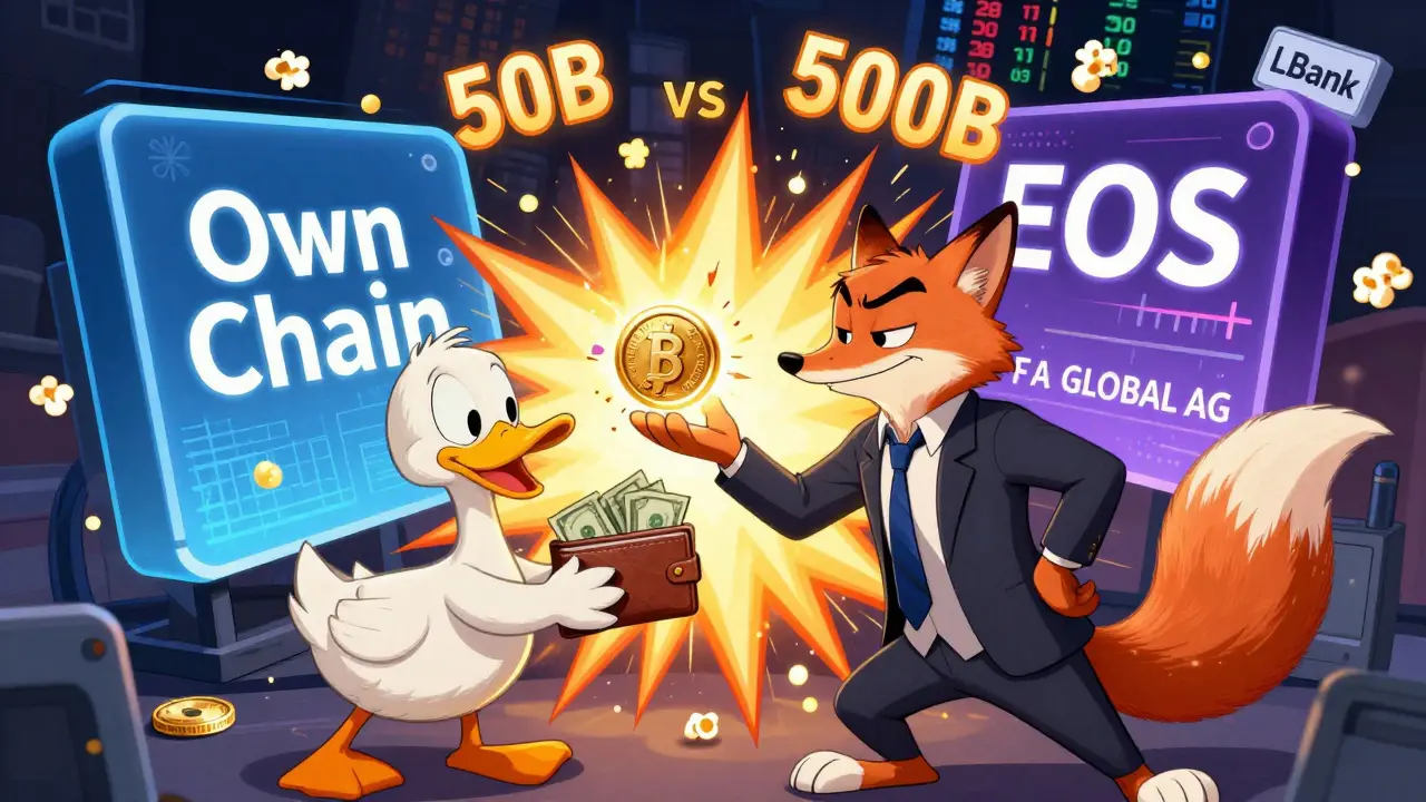A fox in a suit sells a glitching coin to a duck, while two conflicting blockchains explode behind them.